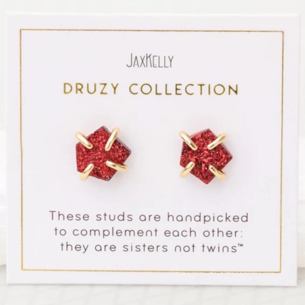 NEW ANTHROPOLOGIE Natural Ruby Red Druzy Stone Gold Earring Studs Jewelry - Picture 7 of 10